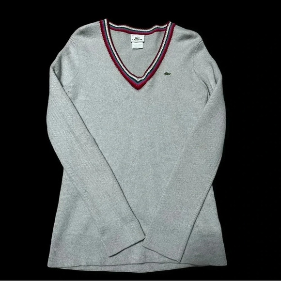 Lacoste Vintage V Neck Wool Sweater Gray - Picture 1 of 15